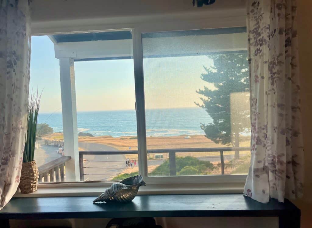 View of the ocean through a window with floral curtains, a potted plant, and a decorative seashell on the windowsill. Outside, a road winds along the coast with people walking, and a large tree stands to the right of this Shelter Cove Lodging option.