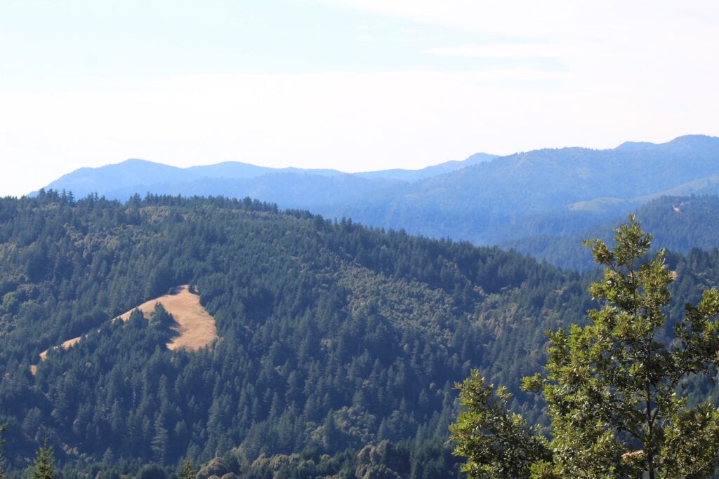 A panoramic view of forested hills and mountains under a clear sky. The landscape is lush with dense greenery, and distant mountain ranges are visible in the background.