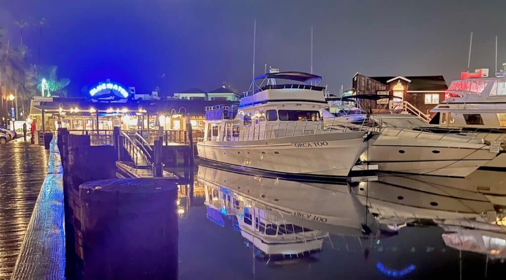 A nighttime scene at a marina with boats docked along a wooden pier. The area is illuminated with blue and yellow lights, and a boat named "ORCA TOO" is prominently featured in the foreground, reflecting on the calm water.