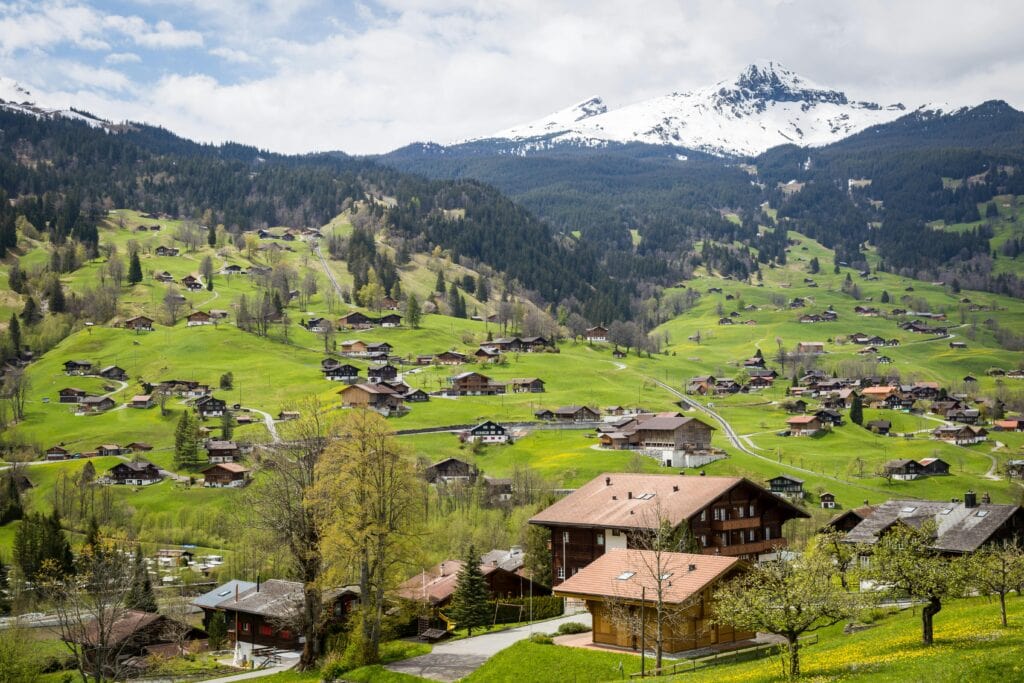 A scenic view of a mountain village with scattered wooden houses on lush green hills, surrounded by forested areas and topped with snow-capped mountains in the background under a partly cloudy sky.