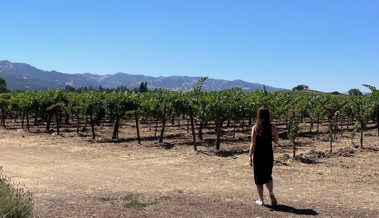 Woman in black dress stands in front of rows of vineyards in Napa.