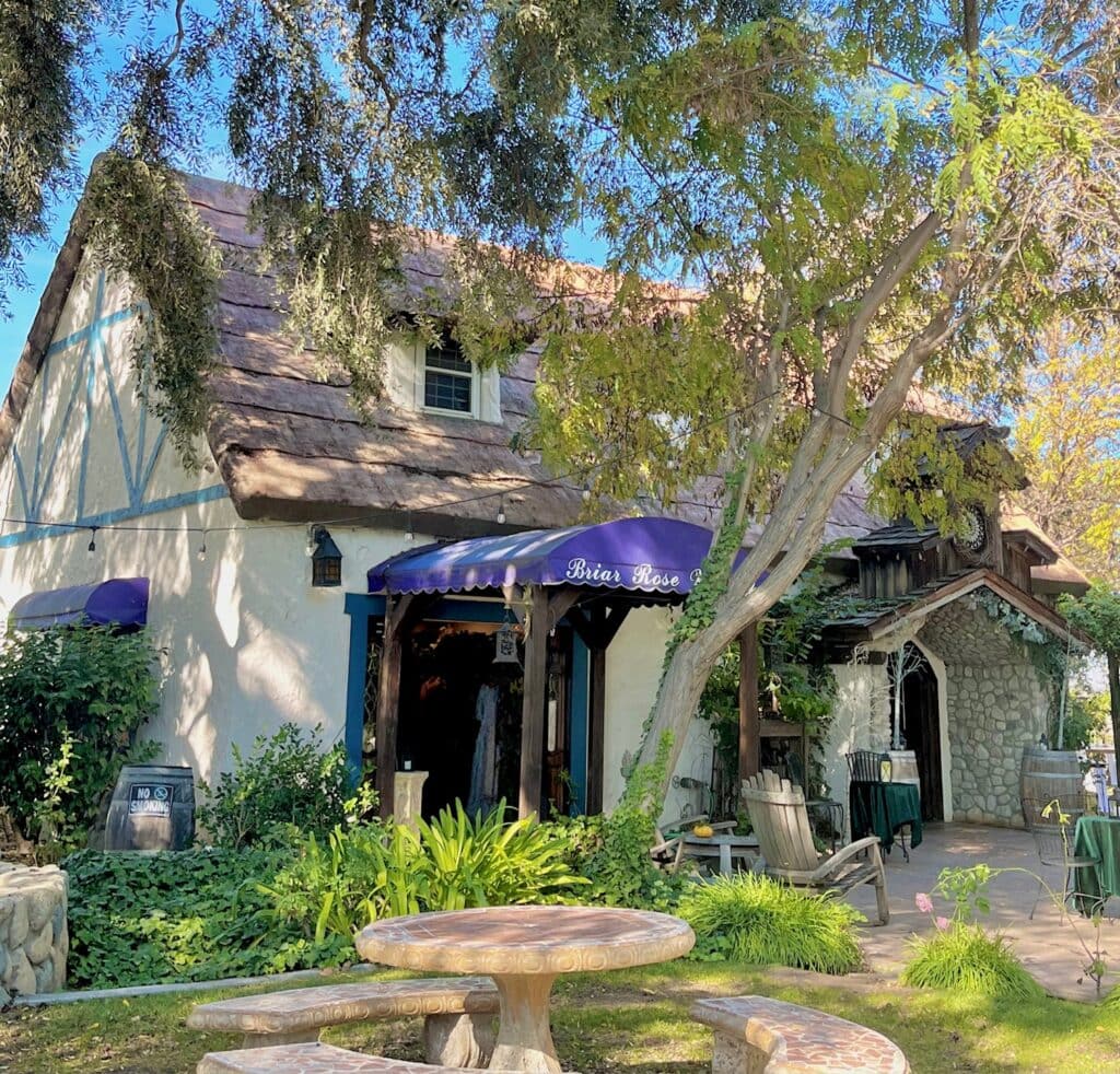 A charming cottage-style building with a thatched roof and a rustic exterior, partially shaded by trees. A purple awning over the entrance reads "Briar Rose." The surrounding garden features greenery, a stone table, and benches.