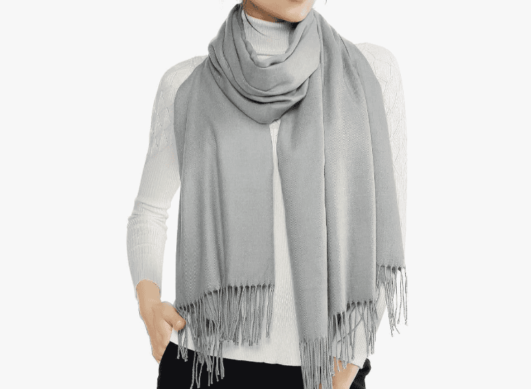 A gray pashmina scarf, one of my favorite stocking stuffer ideas of travelers.