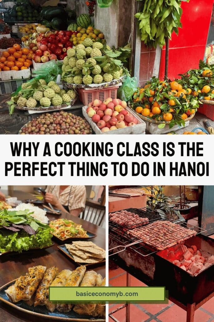 A Pinterest pin describing the best Hanoi cooking class with three images from the blog.