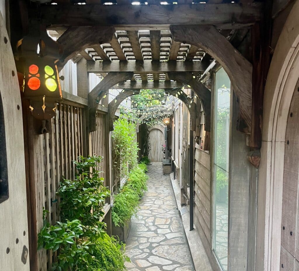 A narrow stone pathway with greenery on both sides, covered by a wooden trellis adorned with string lights. To the left, there’s a colorful lantern hanging, adding a cozy ambiance to the rustic outdoor corridor, leading to a closed wooden door at the end.