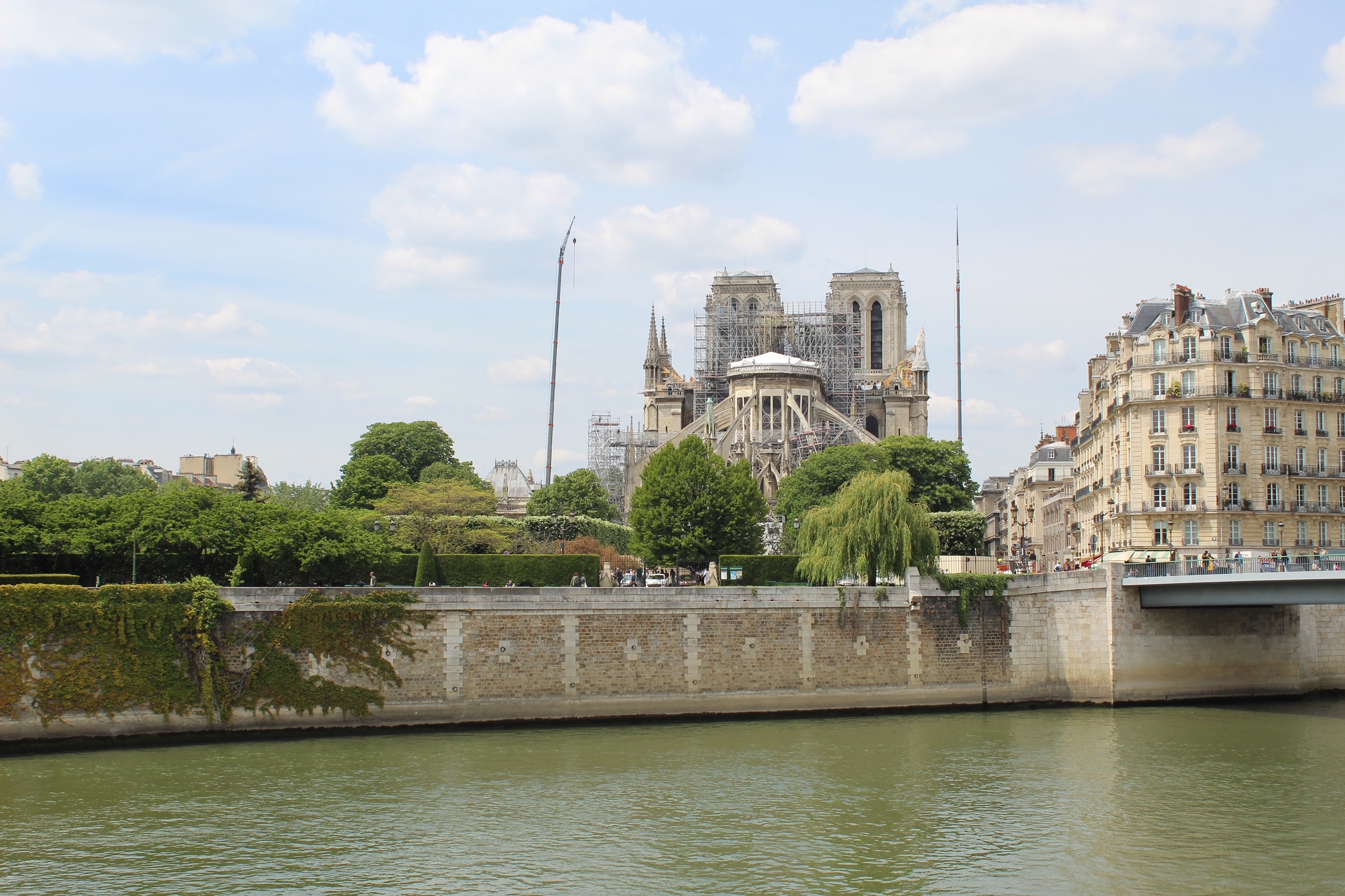 A view of Notre Dame Cathedral in Paris, under restoration with scaffolding visible. The Seine River runs in the foreground, and trees line the riverside along the historic building.