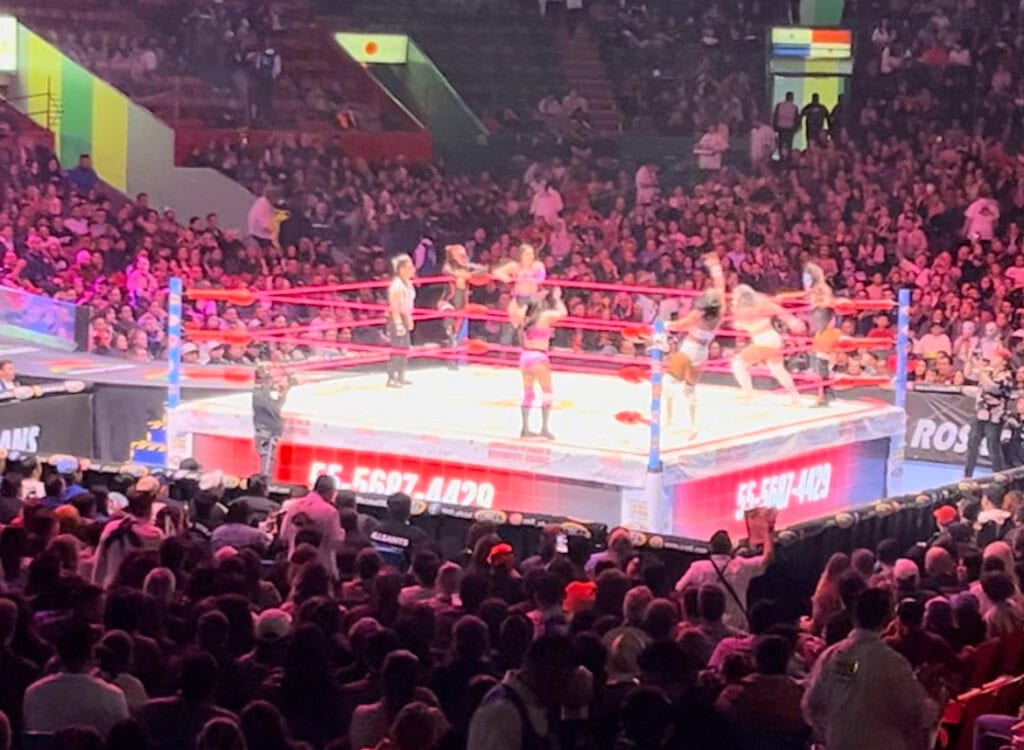 A large arena is filled with spectators as a colorful wrestling match takes place in the center, illuminated by bright pink lighting. Several wrestlers are in the ring, engaging in various moves while a referee stands watching. The ring is surrounded by a lively crowd and banners with phone numbers are displayed on the sides of the ring.